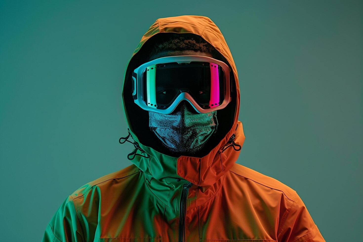High end Fashion Model in Trendy Jacket with Neon Aqua Ski Mask and Neon Green portrait Background Combining Modern Style with Vibrant Colors photo