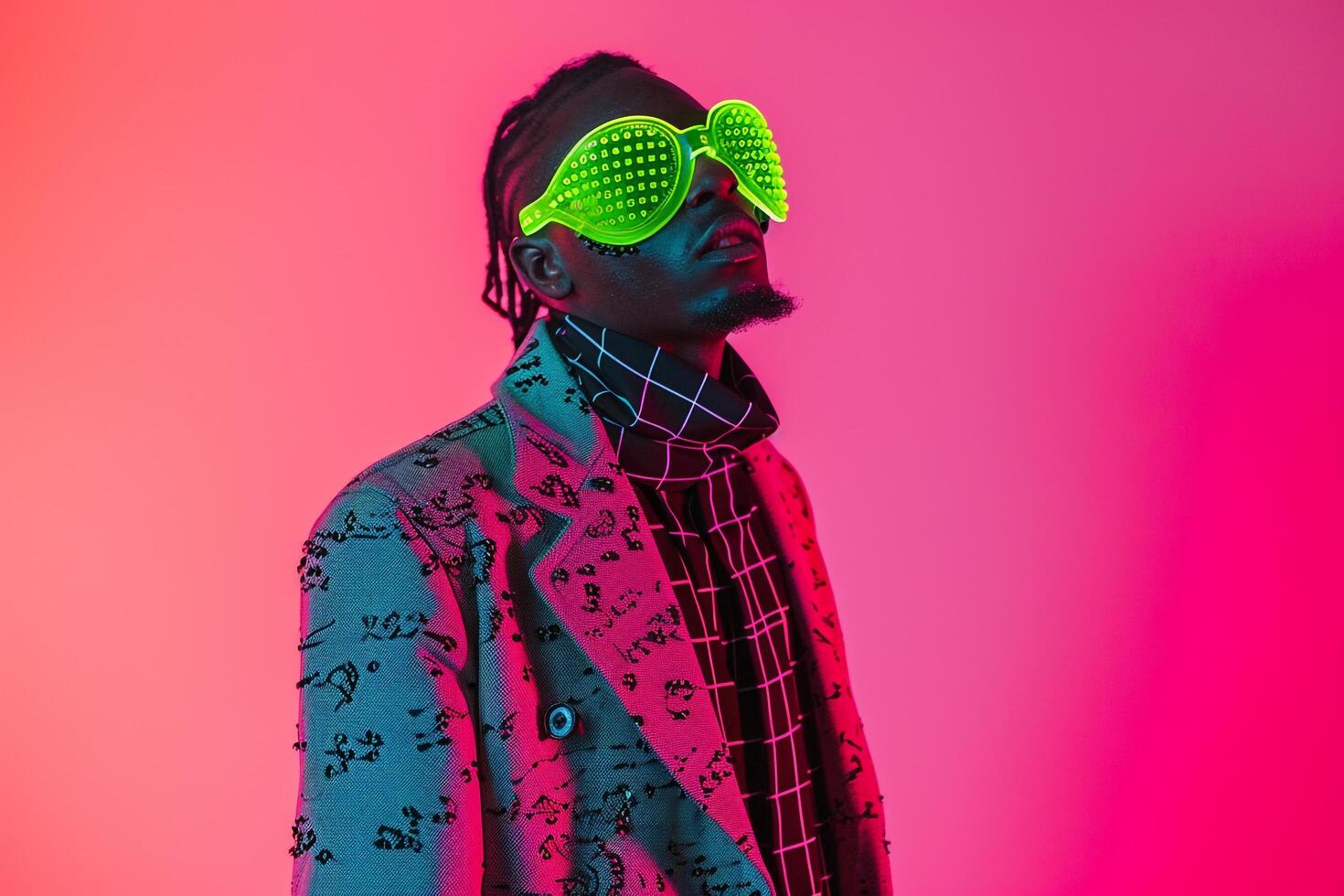 Handsome Fashion Model in Casual Overcoat with Neon Green Sneaker Mask and Neon pink Lifestyle portrait Background Showcasing a Modern Style photo