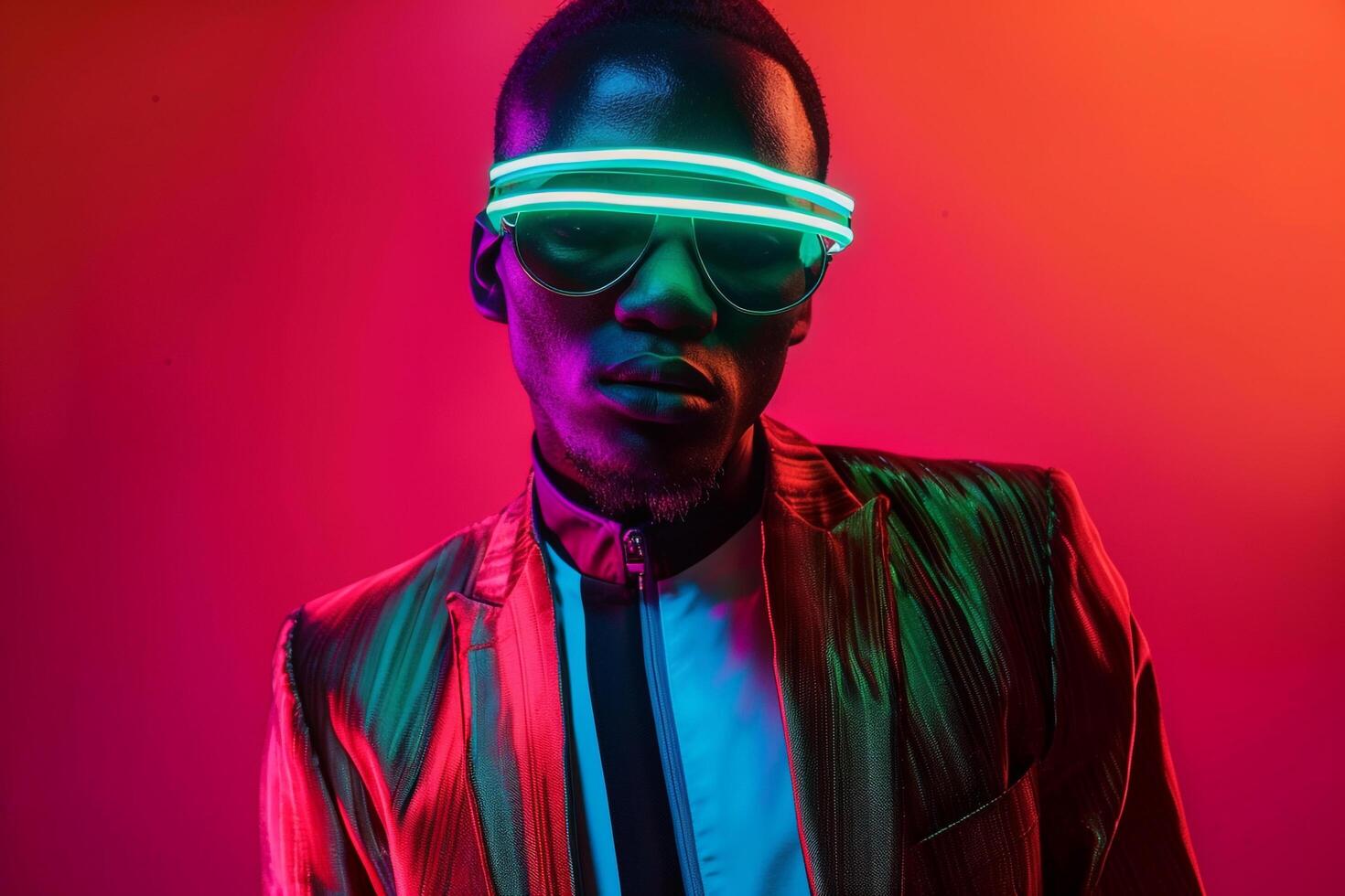 Handsome Fashion Model in Casual Blazer with Neon Coral Ski Mask and Neon Green Lifestyle portrait Background Showcasing a Bold and Stylish Look photo