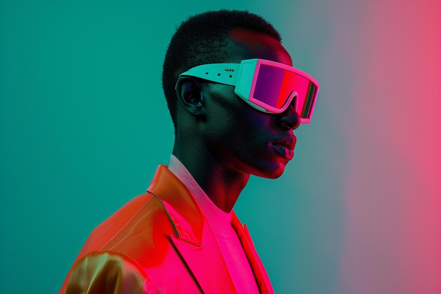 Fashion Model in Casual Blazer with Neon Coral Ski Mask and Neon Green portrait Background Featuring a Stylish and Contemporary Look photo
