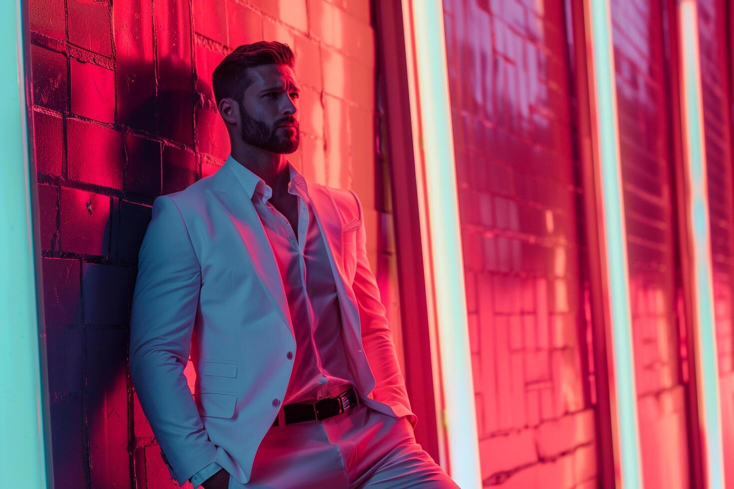 Male Fashion Model in Suit with Neon Coral portrait Background Featuring a Contemporary and Fashion Forward Look photo
