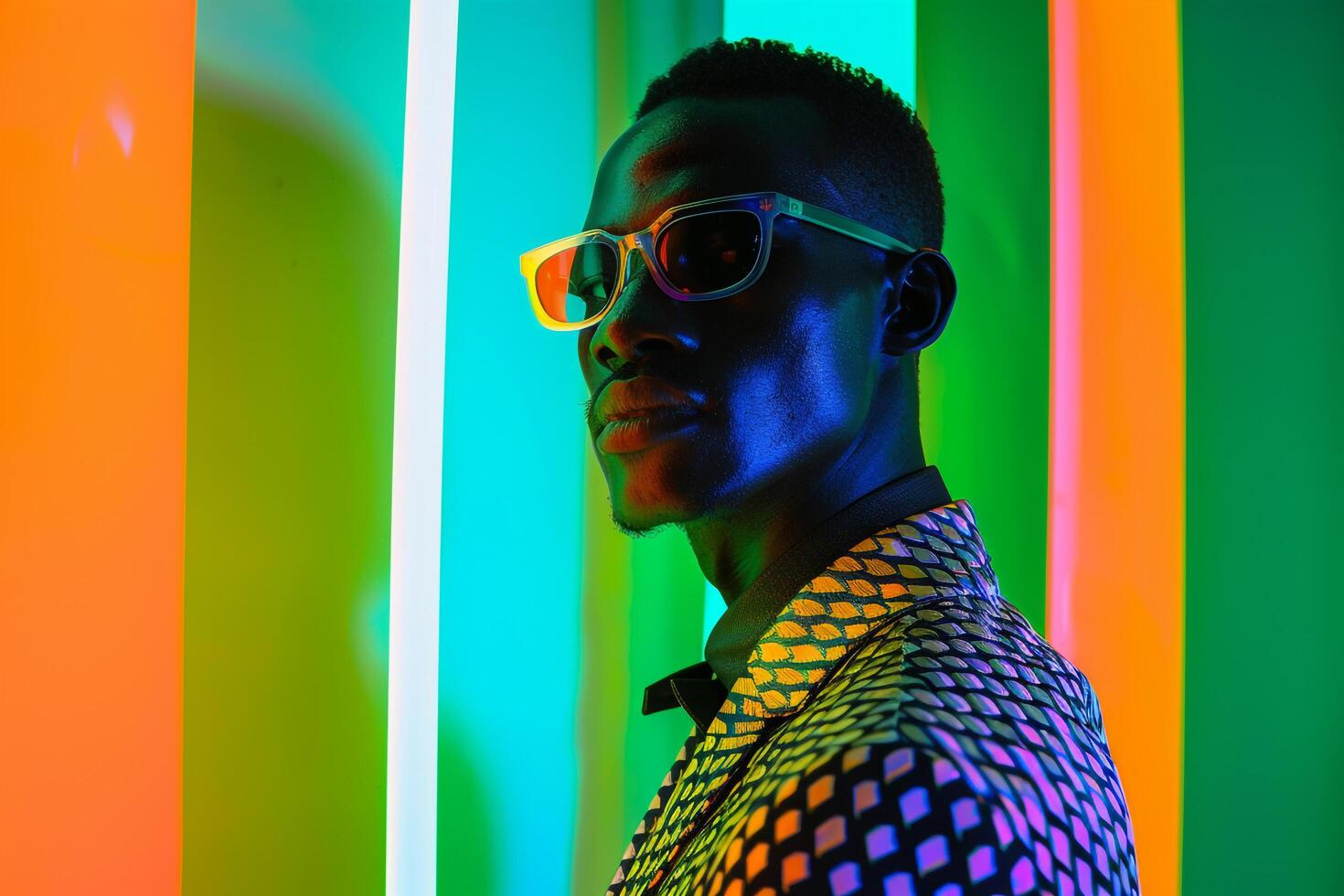 Male Fashion Model in patterned Suit with Neon Green Lifestyle Background Showcasing a Bold and Modern Appearance photo