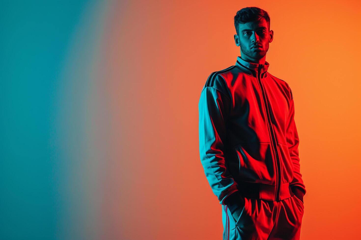 Stylish Male Fashion Model in Trendy Tracksuit with Neon Coral Background Merging Modern Style with Vibrant Colors for a Unique Look photo