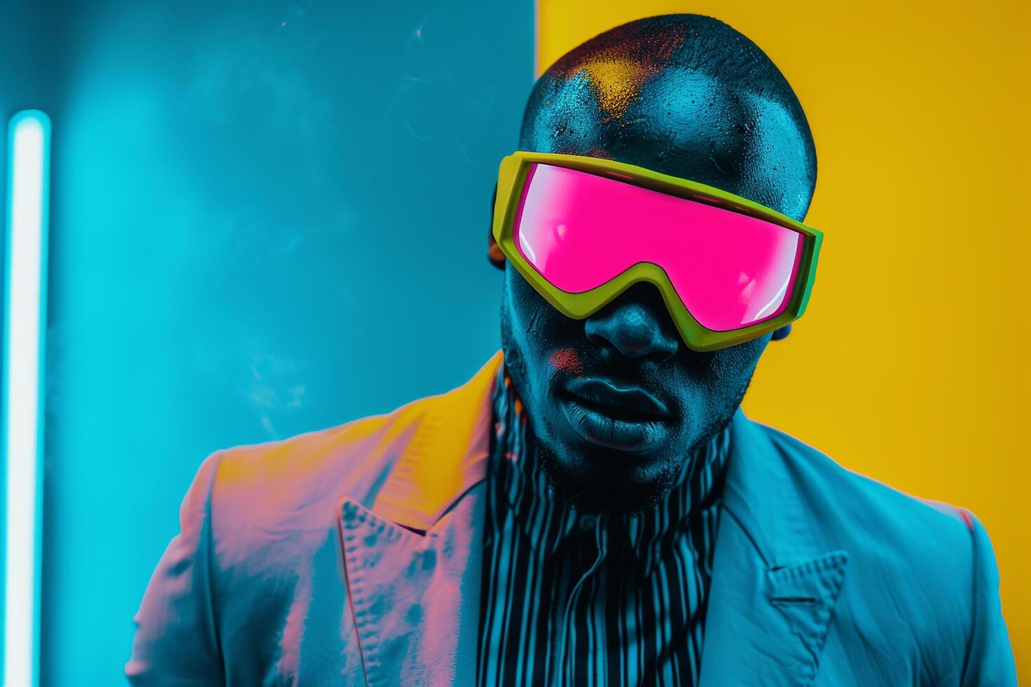 Modern Male Fashion Model in Trendy Blazer with Neon Yellow Ski Mask and Neon Teal Background Combining Bold Fashion with Vibrant Colors photo
