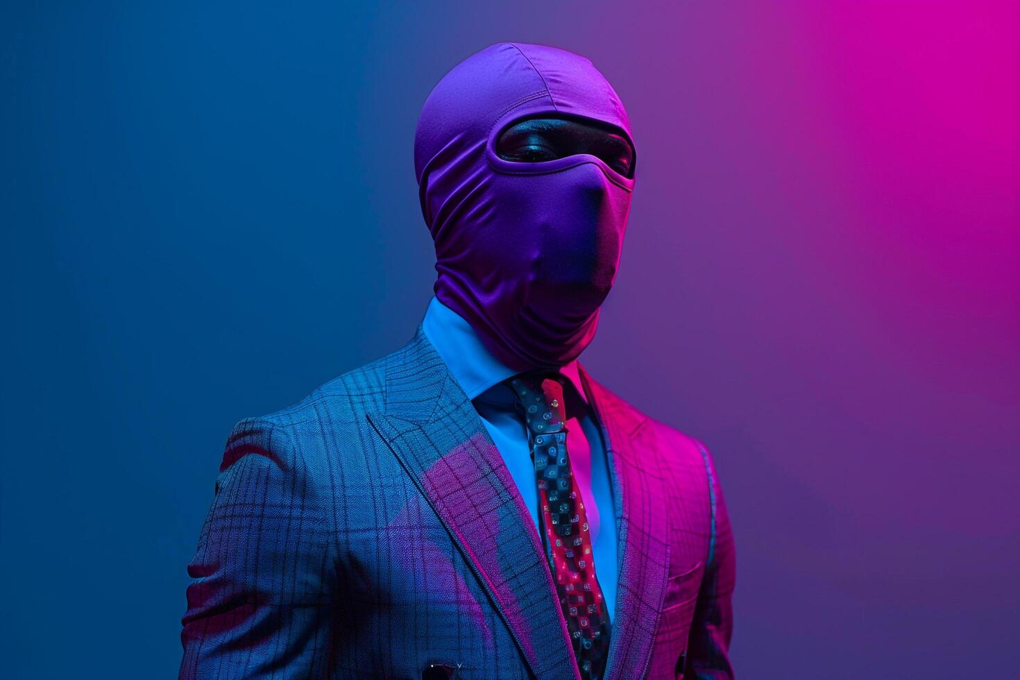 Fashionable Male Model in Classic Suit with Neon purple Ski Mask and Neon Blue Background perfect for a Modern and elegant Appearance photo
