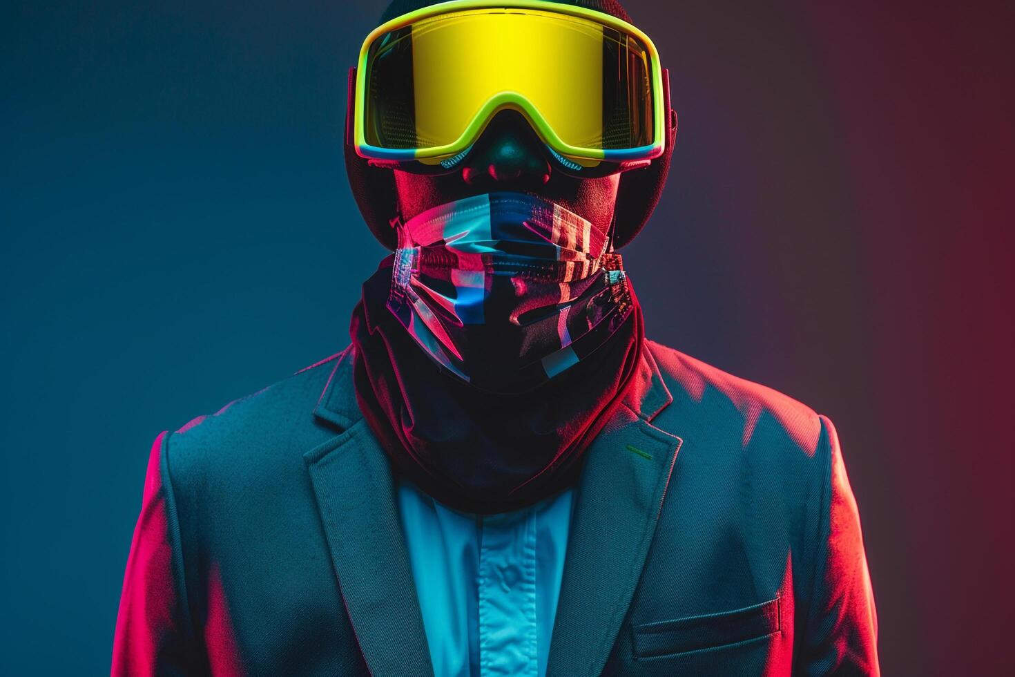 Fashionable Male Model in Trendy Blazer with Neon Yellow Ski Mask and Neon Teal Background perfect for a Bold and Stylish Look photo
