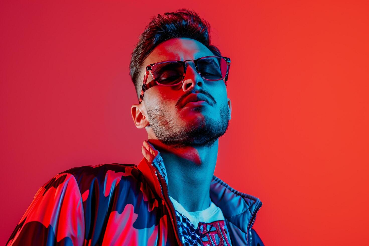 Fashionable Male Model in Trendy Jacket with Neon Red Background Combining Modern Style with Vibrant Colors photo