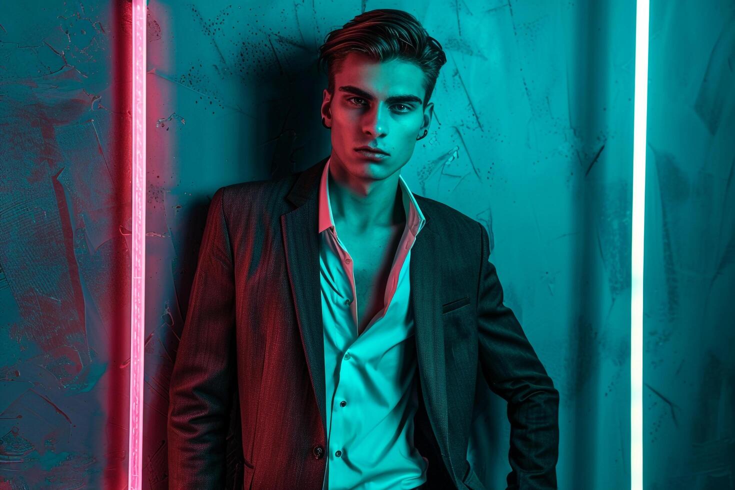 Trendy Male Fashion Model in Blazer with Neon Teal Background perfect for a Bold and Stylish Appearance photo