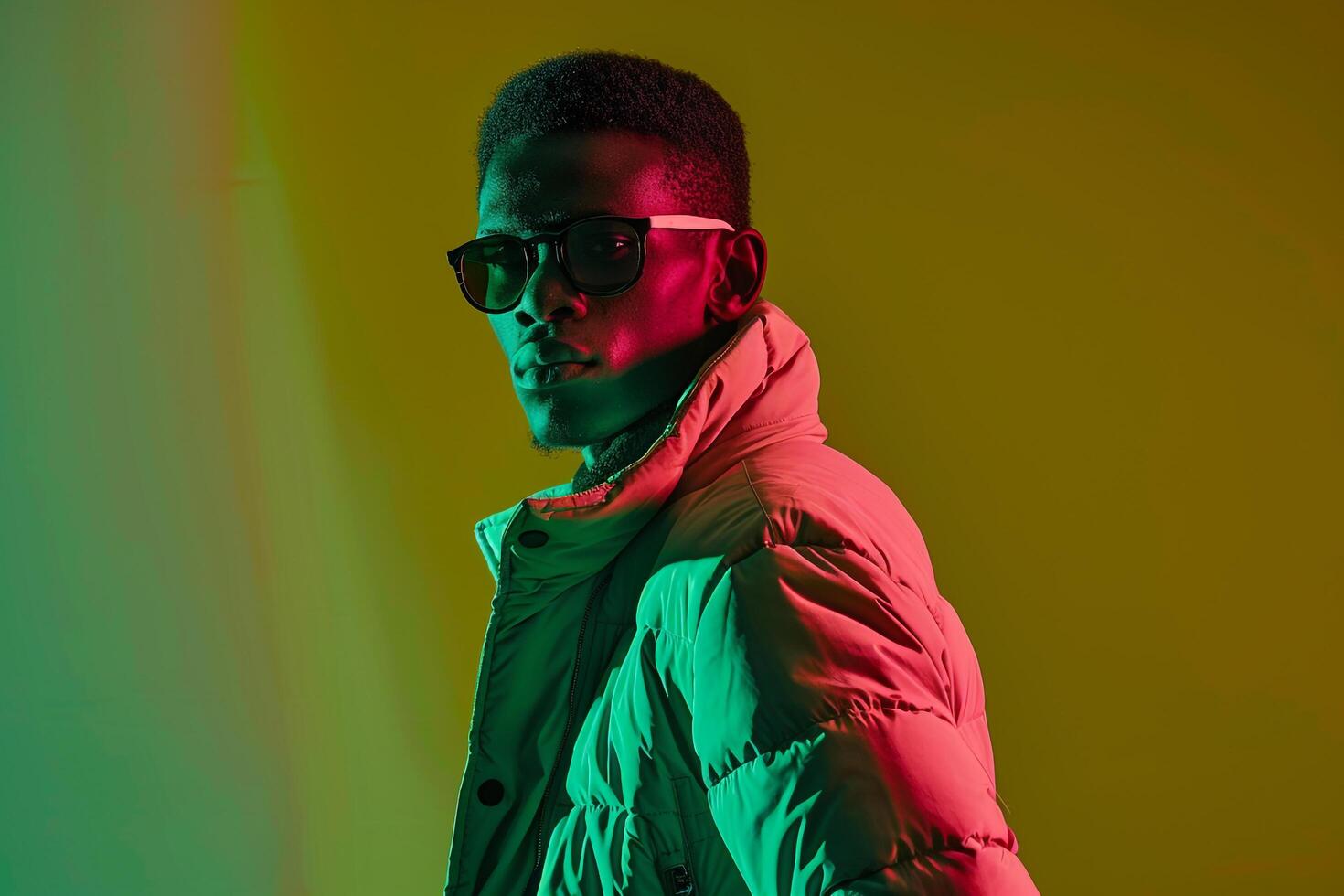 Trendy Male Fashion Model in Jacket with Neon Green Background Showcasing a Contemporary and Fashion Forward Style photo