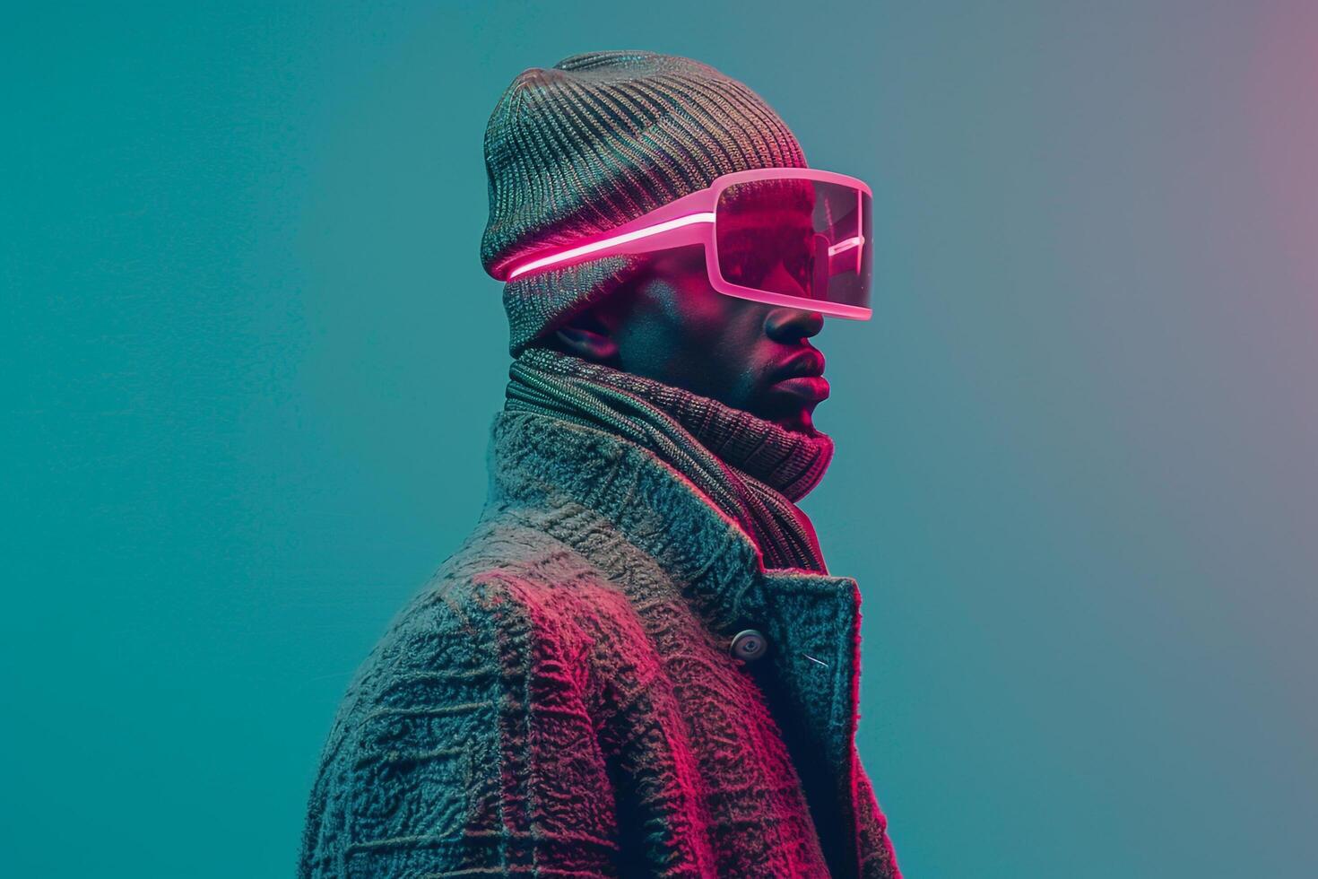 Trendy Male Fashion Model in Casual Overcoat with Neon pink Ski Mask and Neon Teal Background Ideal for a Stylish and Contemporary Look photo