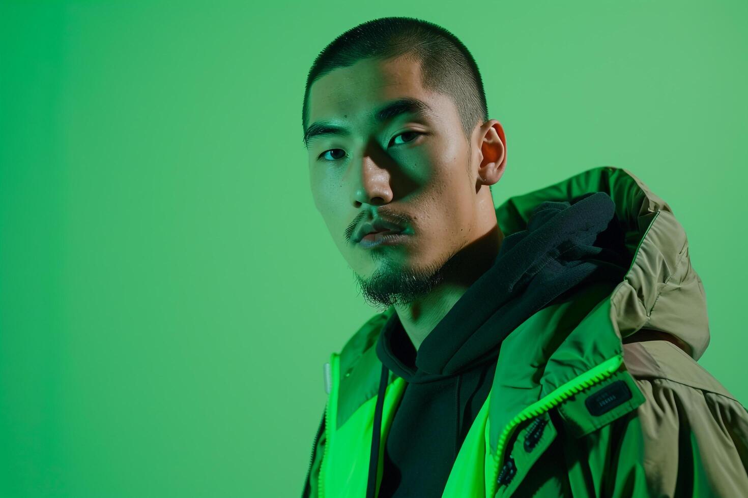 Trendy Male Fashion Model in Jacket with Neon Green Background Ideal for a Fashion Forward and Contemporary Look photo