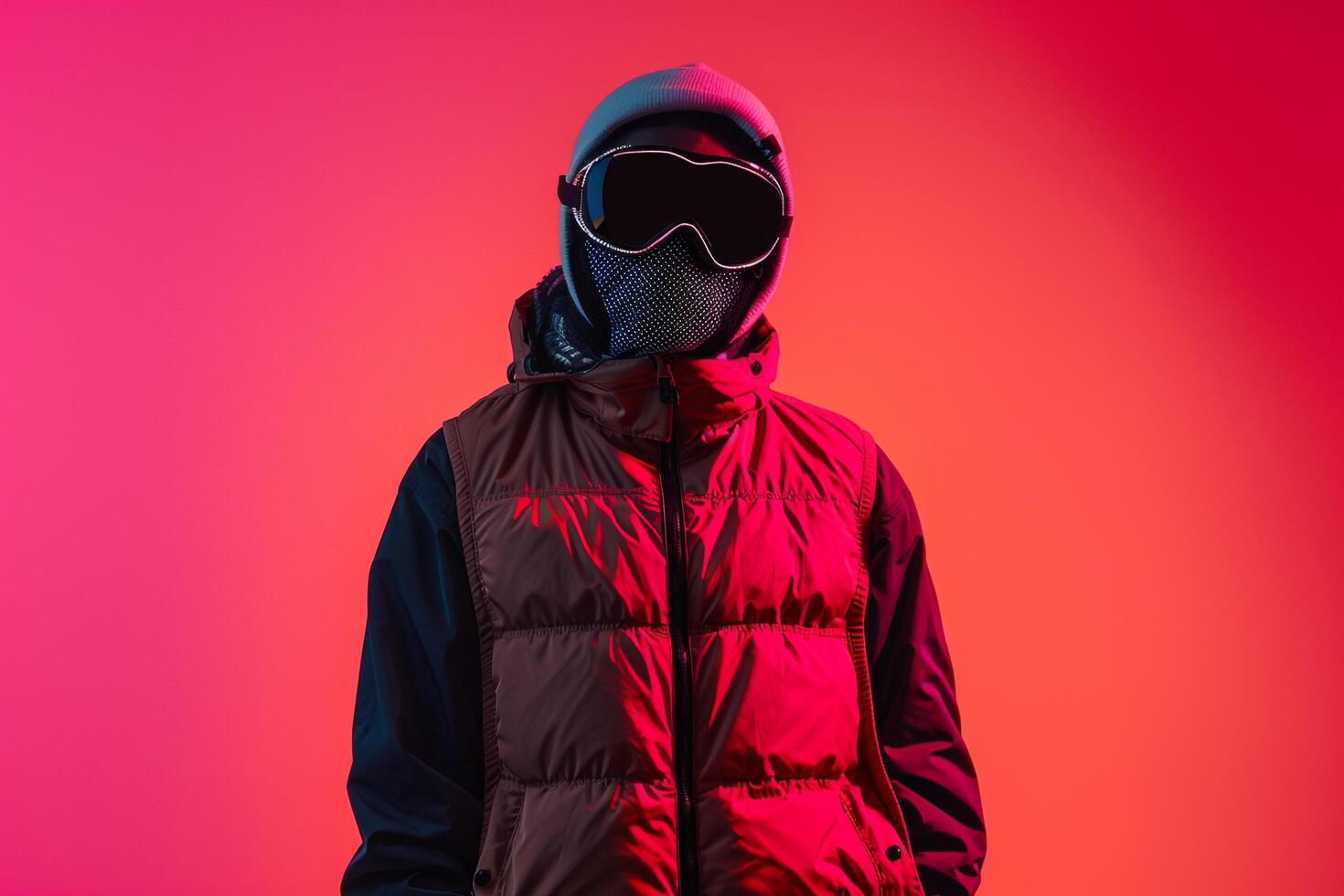 Fashionable Male Model in Trendy Vest with Neon Black Ski Mask and Neon pink Background Combining Contemporary Style with Vibrant Colors photo