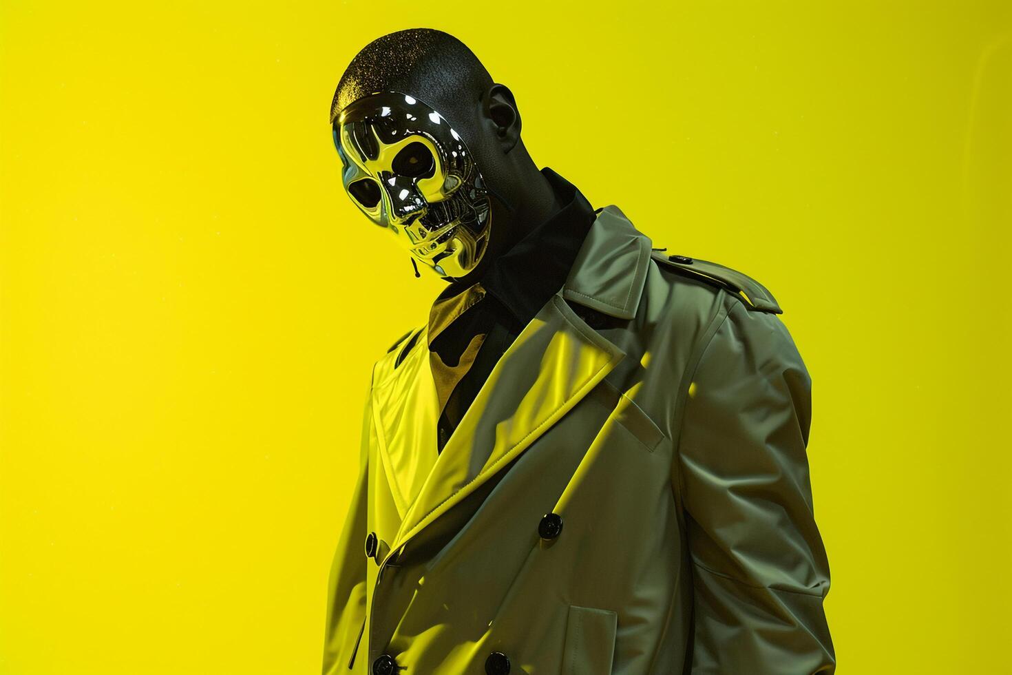 Stylish Male Fashion Model in Casual Overcoat with Fashion Face Mask and Neon Yellow Background Combining Modern Fashion with Vibrant Colors photo