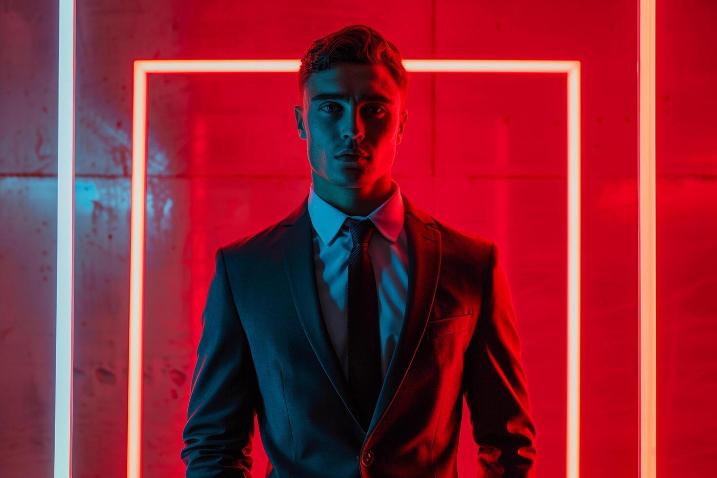Stylish Male Fashion Model in Trendy Suit with Neon Red Background Offering a Bold and Fashion Forward Look photo