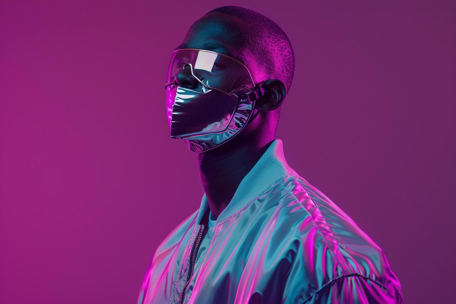 Male Fashion Model in Trendy Jacket with Males Fashion Face Mask and Neon purple Background Ideal for a Fashion Forward and Contemporary portrait photo