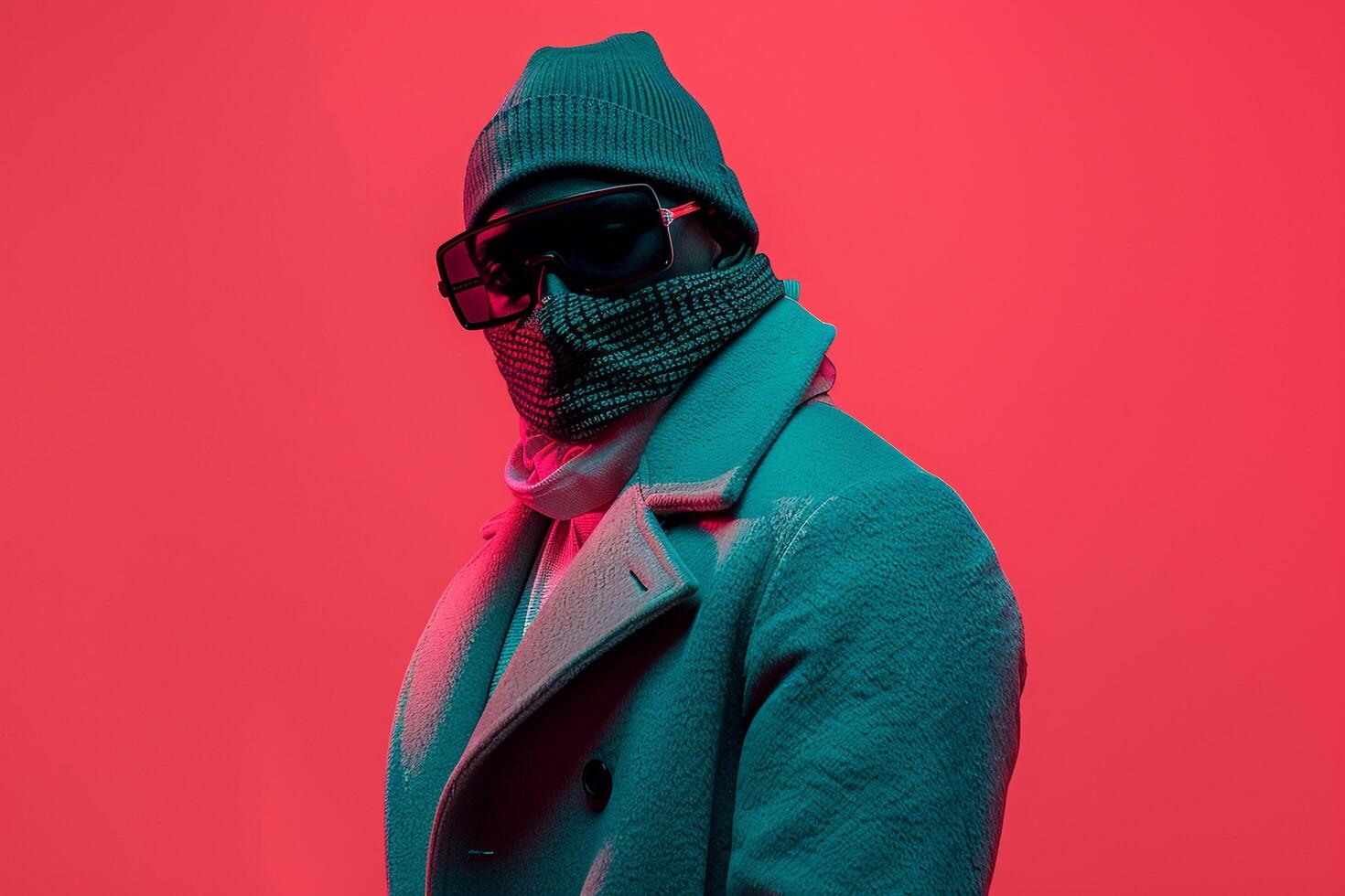 Male Fashion Model in Trendy Overcoat with Neon Teal Ski Mask and Neon Coral Background perfect for a Bold and Fashion Forward Lifestyle Look photo