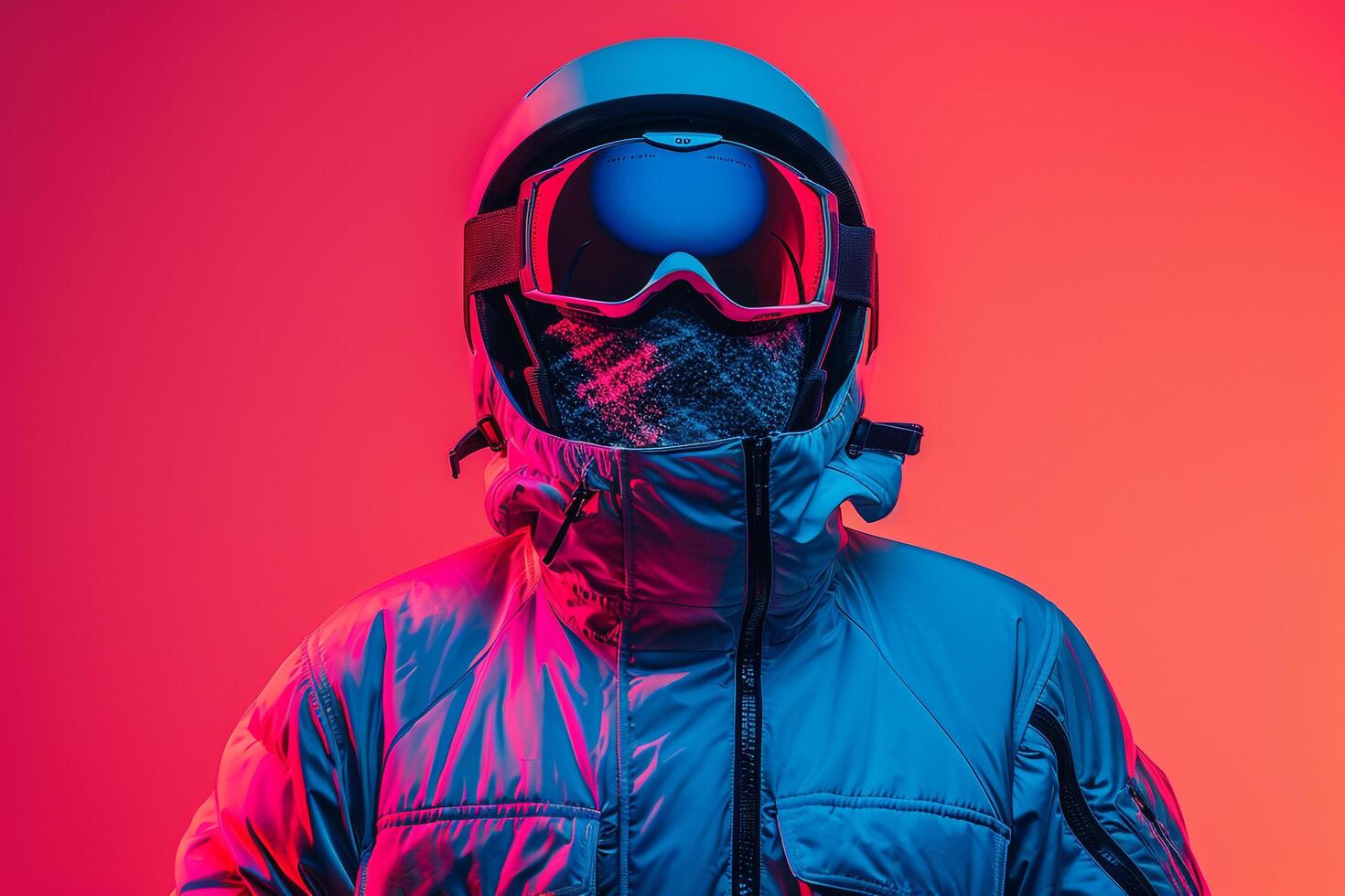 Fashionable Male Model in Trendy Jacket with Neon Blue Ski Mask and Neon pink Background perfect for a Contemporary and Bold Lifestyle Look photo