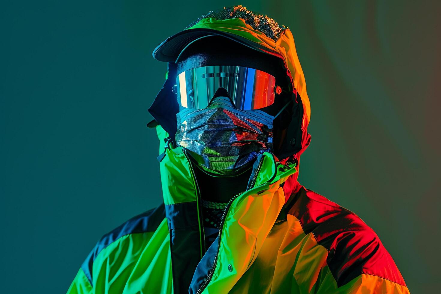Fashionable Male Model in Casual Jacket with Males Fashion Face Mask and Neon Green Background Combining Modern Style with Bold Colors photo