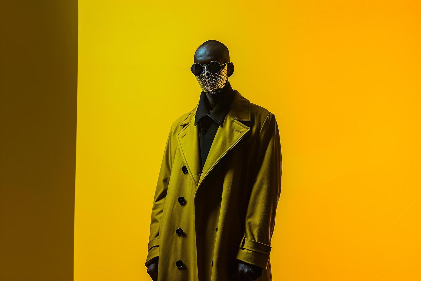 Male Fashion Model in Casual Overcoat with Males Fashion Face Mask and Neon Yellow Background Showcasing a Modern and Dynamic Lifestyle portrait photo