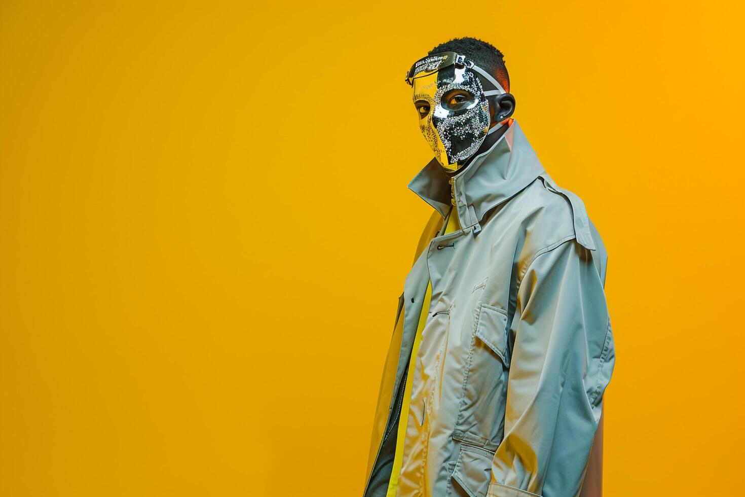 Fashionable Male Model in Casual Overcoat with Males Fashion Face Mask and Neon Yellow Background perfect for a Vibrant and Modern Lifestyle Look photo