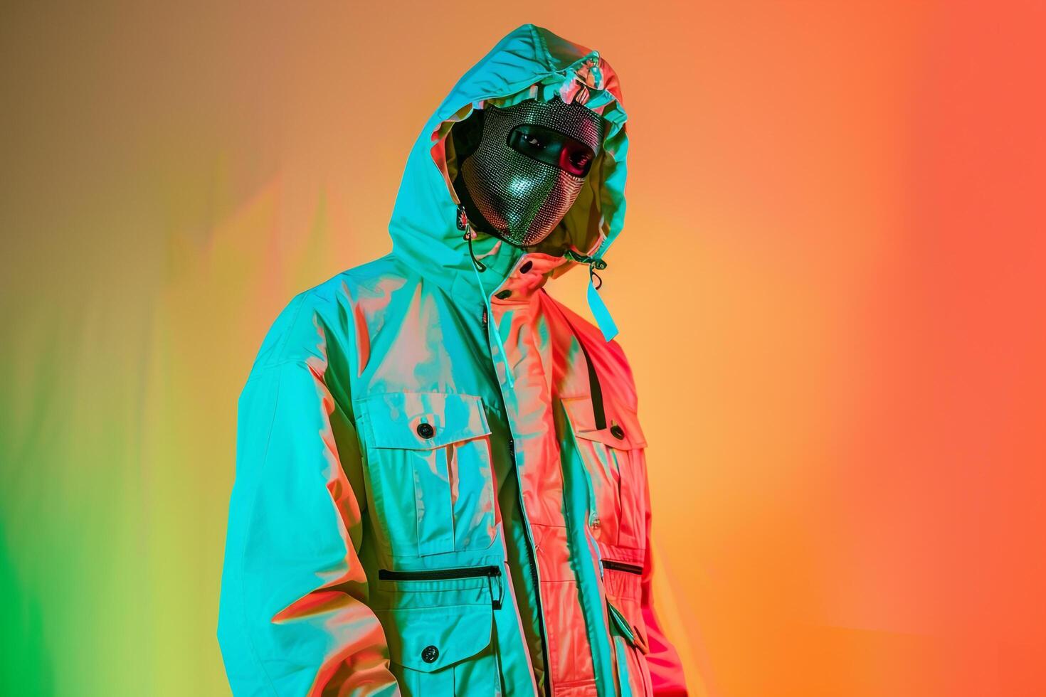 Fashionable Male Model in Trendy Jacket with Males Fashion Face Mask and Neon Green Background Featuring a Modern and Vibrant Lifestyle Look photo