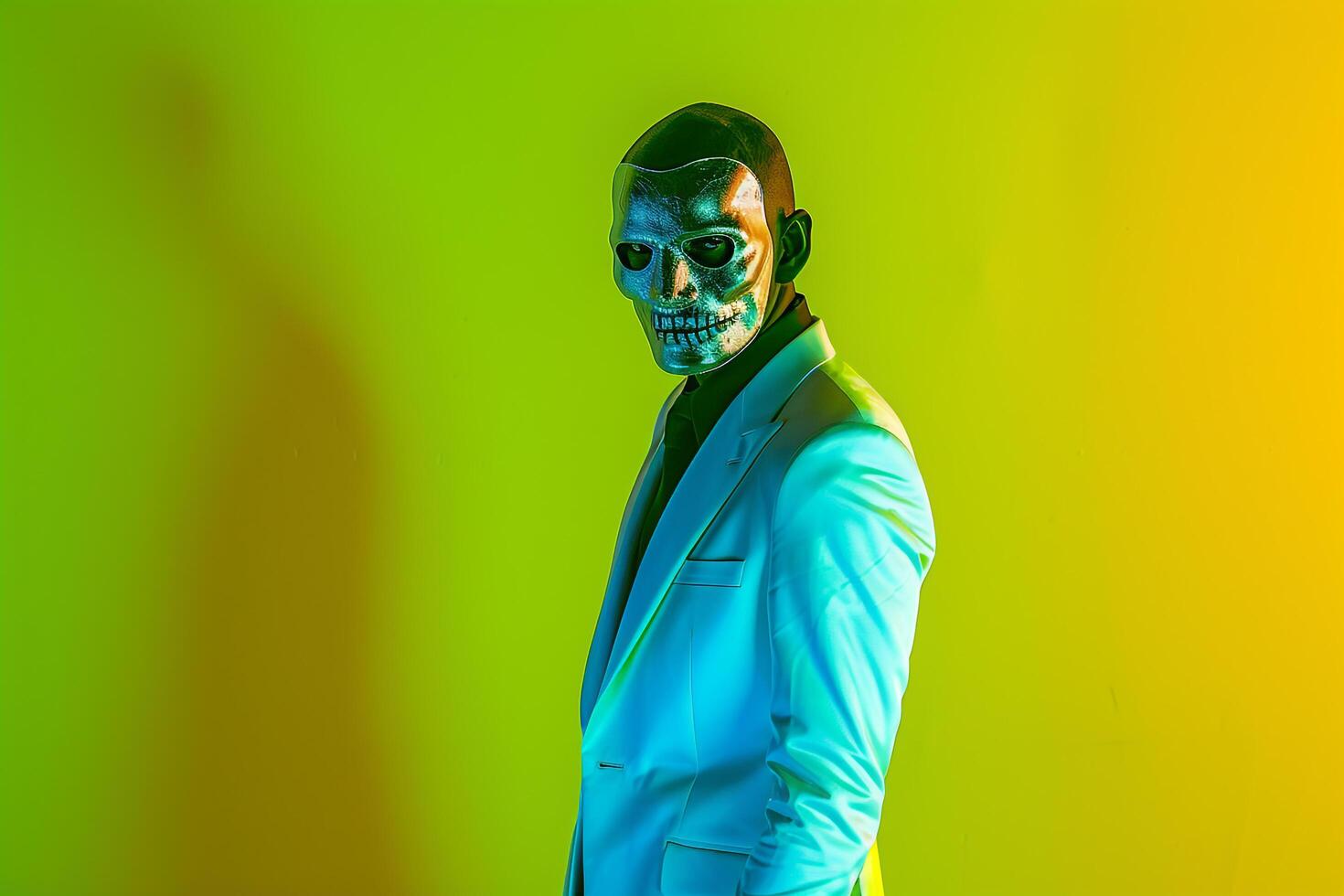 Fashionable Male Model in Casual Suit with Males Fashion Face Mask and Neon Green Background perfect for a Bold and Stylish Lifestyle portrait photo