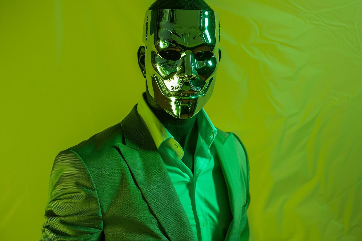 Male Fashion Model in Casual Suit with Males Fashion Face Mask and Neon Green Background Featuring a Contemporary and Dynamic Lifestyle Look photo