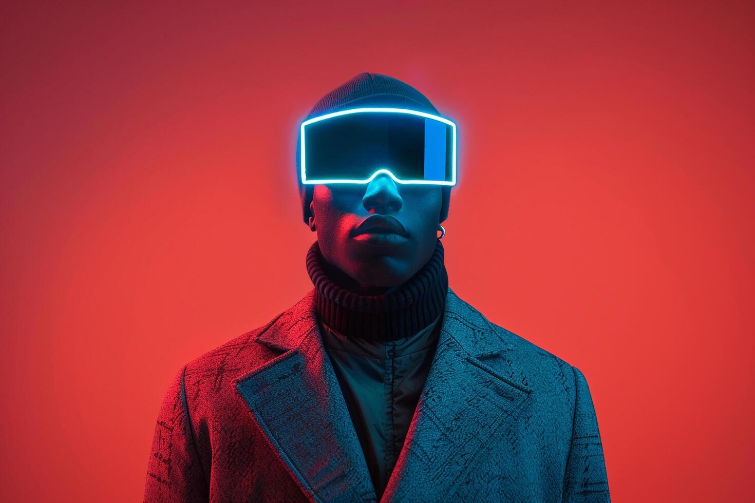 Trendy Male Fashion Model in Overcoat with Neon Teal Ski Mask and Neon Coral Background Offering a Modern and Vibrant Lifestyle Look photo