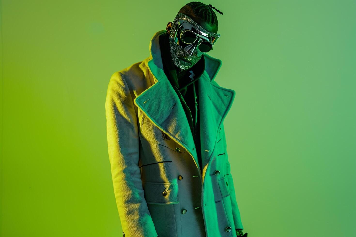 Fashionable Male Model in Trendy Overcoat with Males Fashion Face Mask and Neon Green Background perfect for a Bold and Modern Lifestyle Look photo