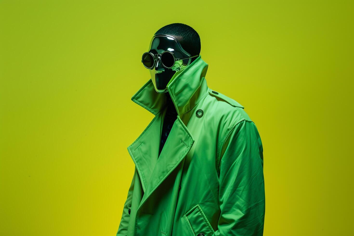 Male Fashion Model in Trendy Overcoat with Males Fashion Face Mask and Neon Green Background perfect for a Modern and Stylish Lifestyle Look photo