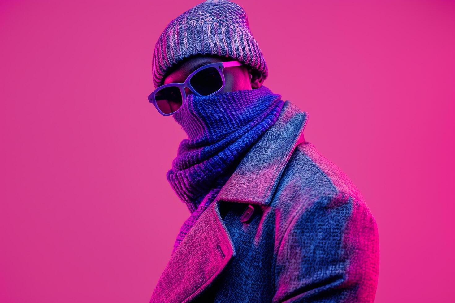 Chic Trendy Overcoat with Neon purple Ski Mask and Neon pink Lifestyle Background Featuring a Modern Male Fashion Models Fashion Forward portrait photo