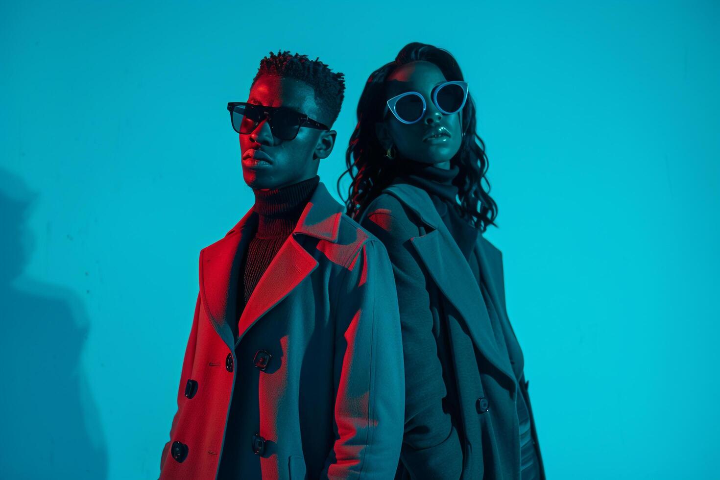 Bold Casual Overcoat with Neon Teal Lifestyle Background Featuring a Trendy Male Fashion Models Fashionable and Modern Look photo