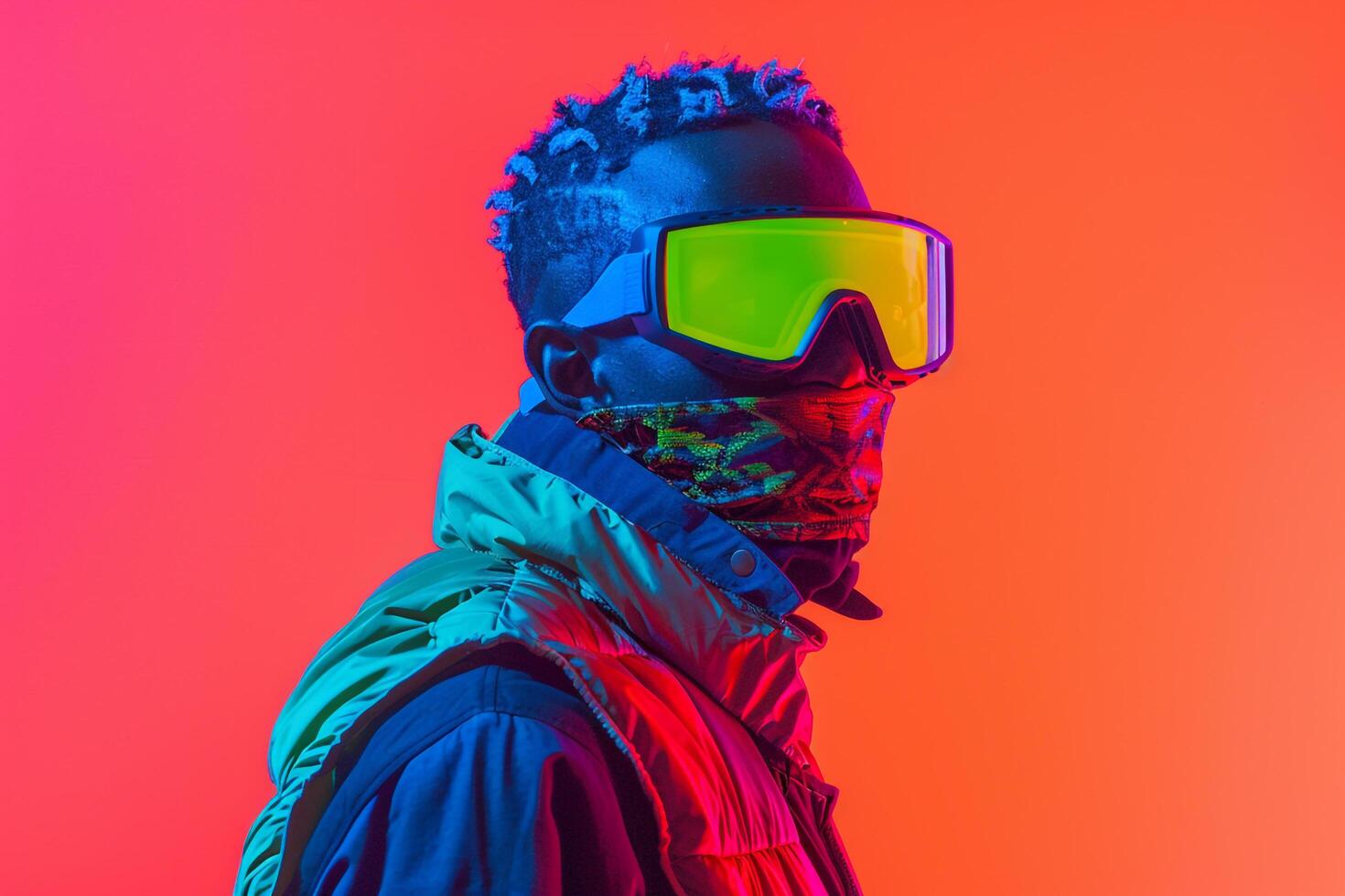 Fashionable Casual Vest with Neon Green Ski Mask and Neon Coral Lifestyle Background Capturing a Trendy Male Fashion Models Vibrant Look photo