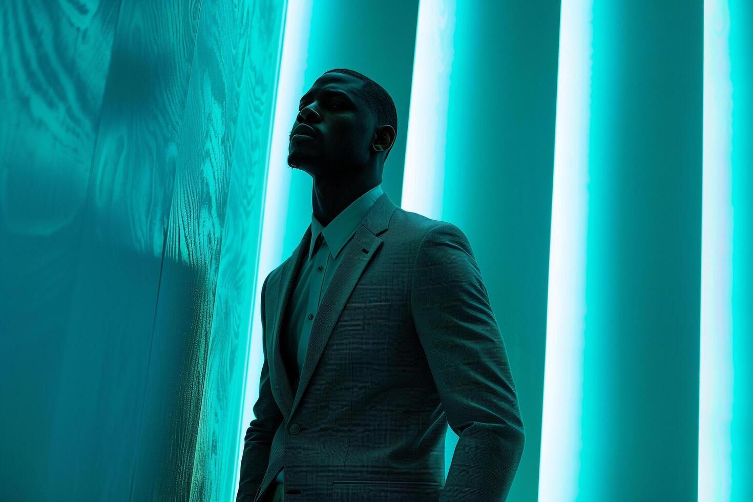 Chic Suit with Neon Teal Lifestyle Background Showcasing a Modern Male Fashion Models Stylish and Contemporary portrait photo