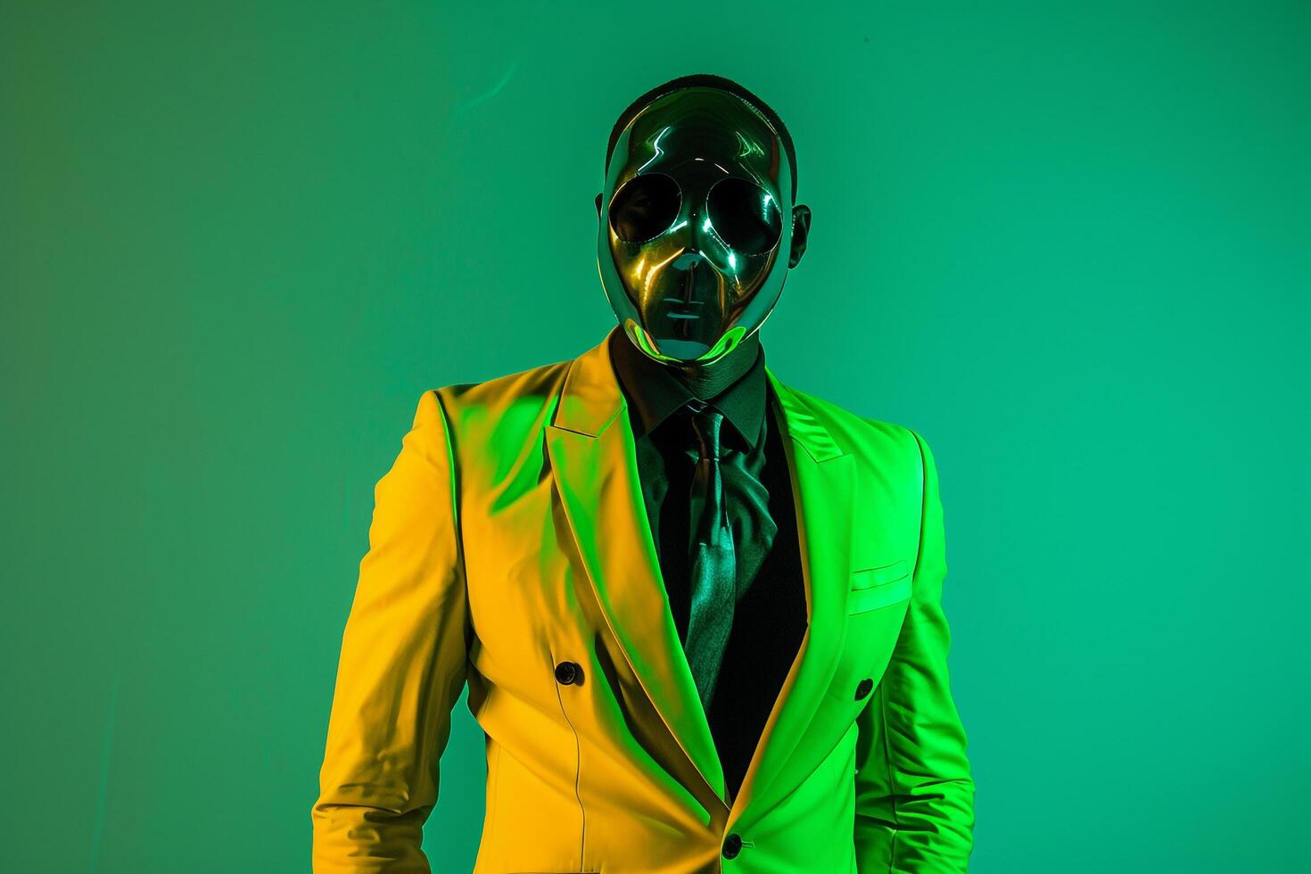 Chic Casual Suit with Neon Green Lifestyle Background and Fashion Face Mask Capturing a Modern Male Fashion Models Bold portrait photo