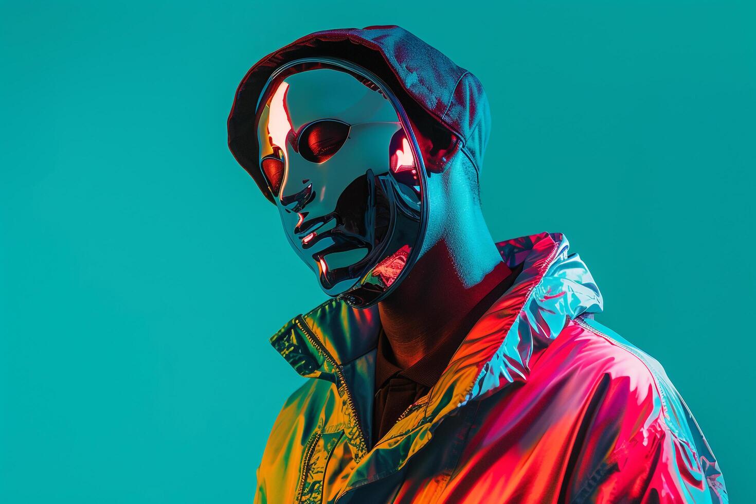Fashion Forward Male Model in Trendy Jacket with Neon Green Ski Mask A Dynamic Lifestyle portrait with a Modern Twist photo