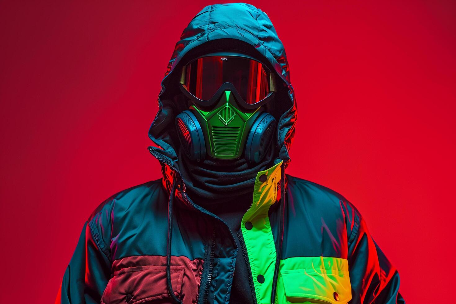 Fashionable Male Model in Casual Jacket with Neon Green Ski Mask A Trendy Lifestyle portrait with Bold Neon Red Accents photo