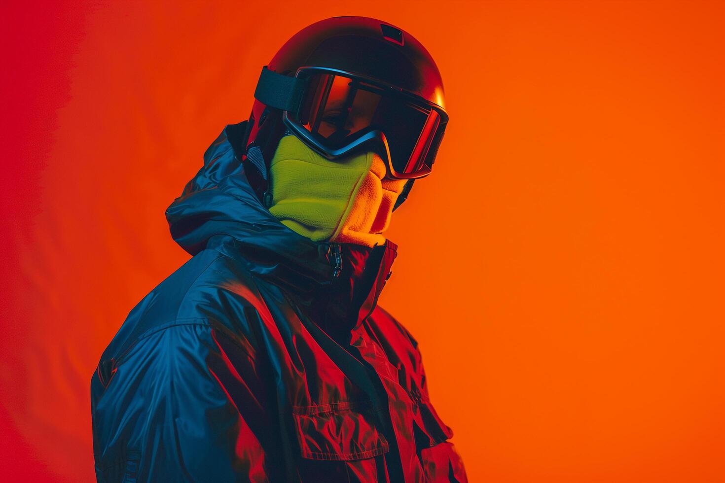 Trendy Male Model in Jacket with Neon Yellow Ski Mask A Fashionable portrait Featuring Bold Neon Orange Lifestyle Background photo