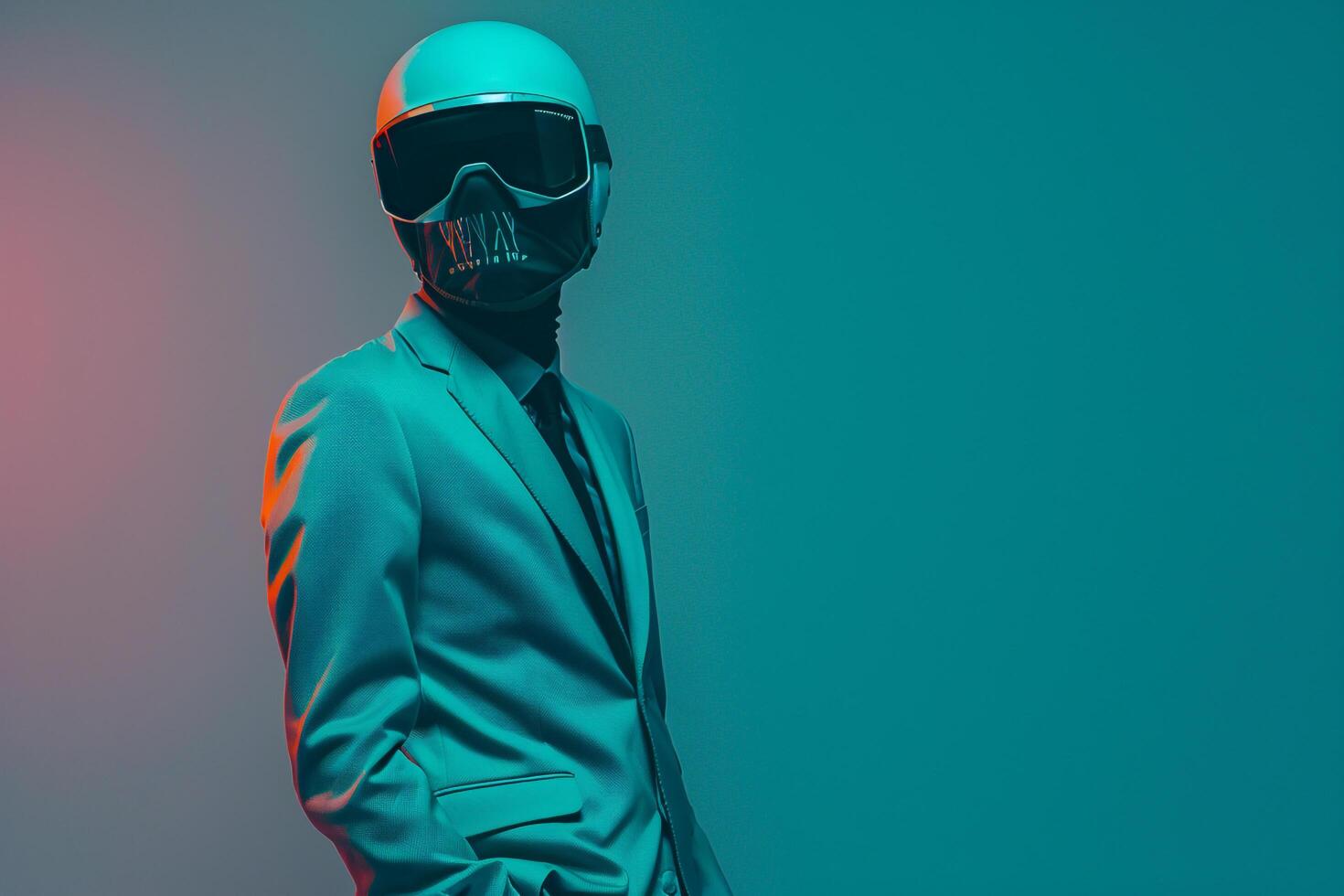Male Fashion Model in Classic Suit with Neon Aqua Ski Mask and Neon Green Background Chic portrait Featuring Stylish and Trendy Fashion photo