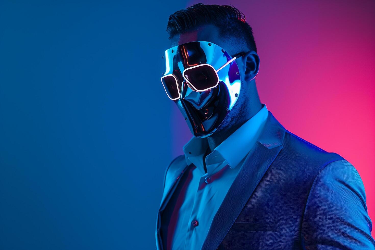 Neon Blue Background with Casual Suit and Males Fashion Face Mask Male Fashion Model portrait Featuring Chic and Contemporary Accents photo