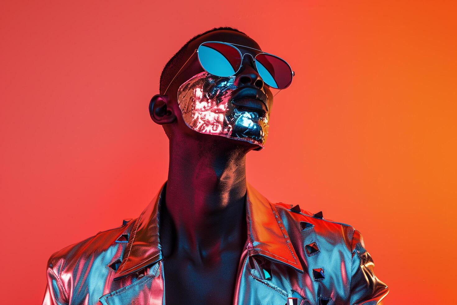 Black Casual Jacket with Males Fashion Face Mask and Neon Coral Background Fashion Model portrait with Modern and Chic Details photo