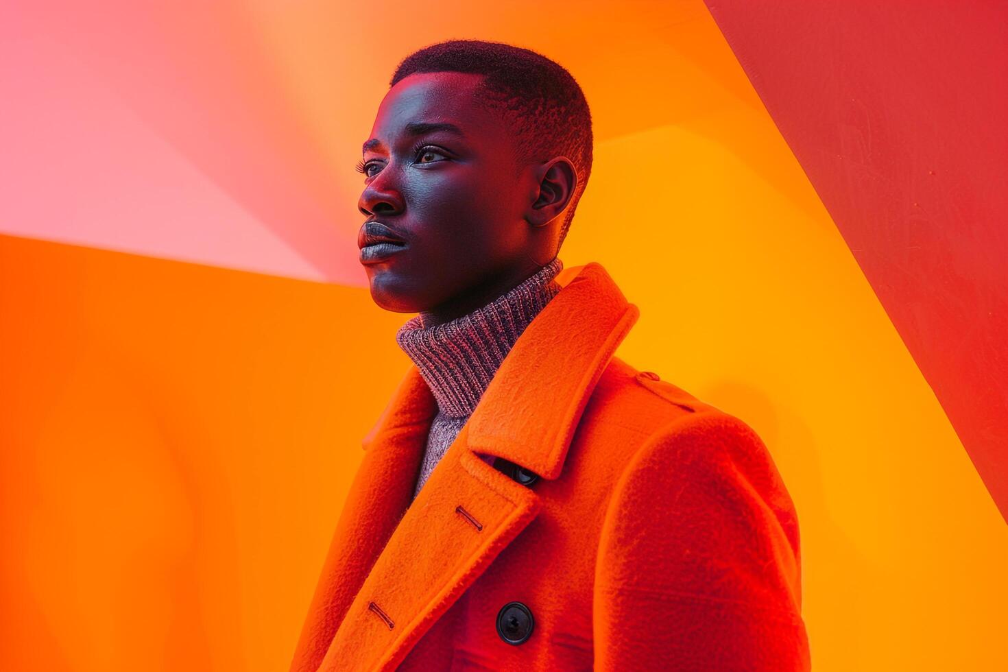 Casual Overcoat with Neon Orange Background Male Fashion Model portrait Featuring Modern and Trendy eleMalets photo