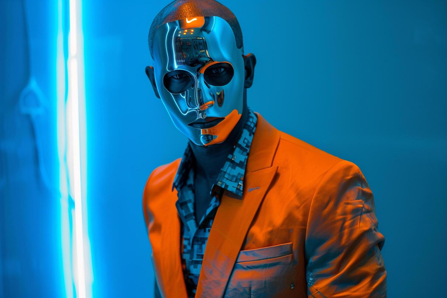 Modern Accents Trendy Blazer with Males Fashion Face Mask and Neon Blue Background Male Fashion Model portrait photo