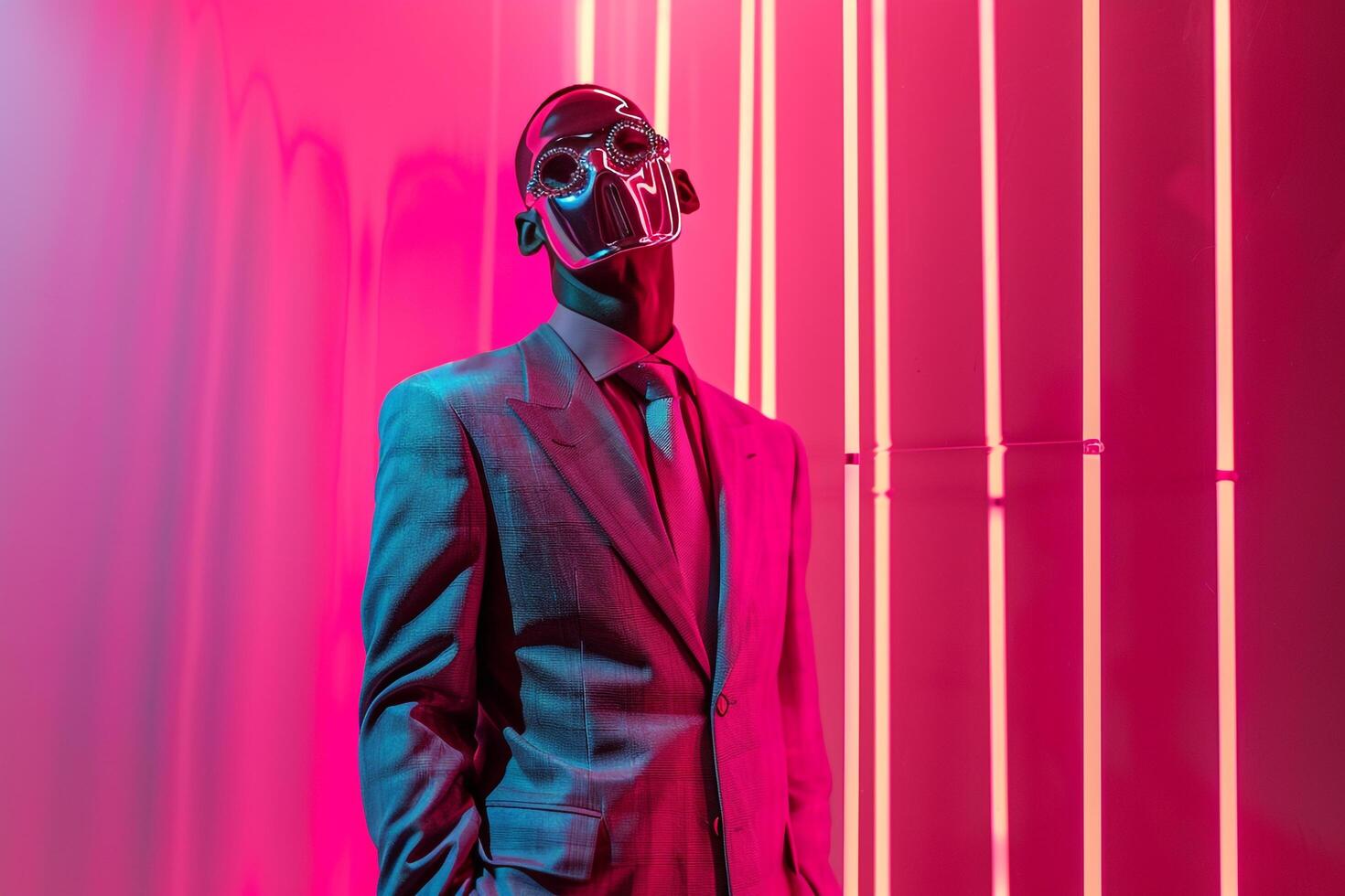 Chic portrait Male Fashion Model in Trendy Suit with Males Fashion Face Mask and Neon pink Lifestyle photo