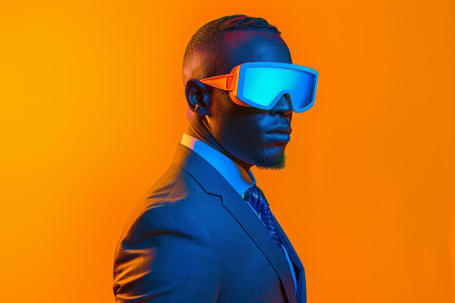 Fashionable portrait of Male Fashion Model in Tailored Suit with Neon Blue Ski Mask and Neon Orange Lifestyle photo