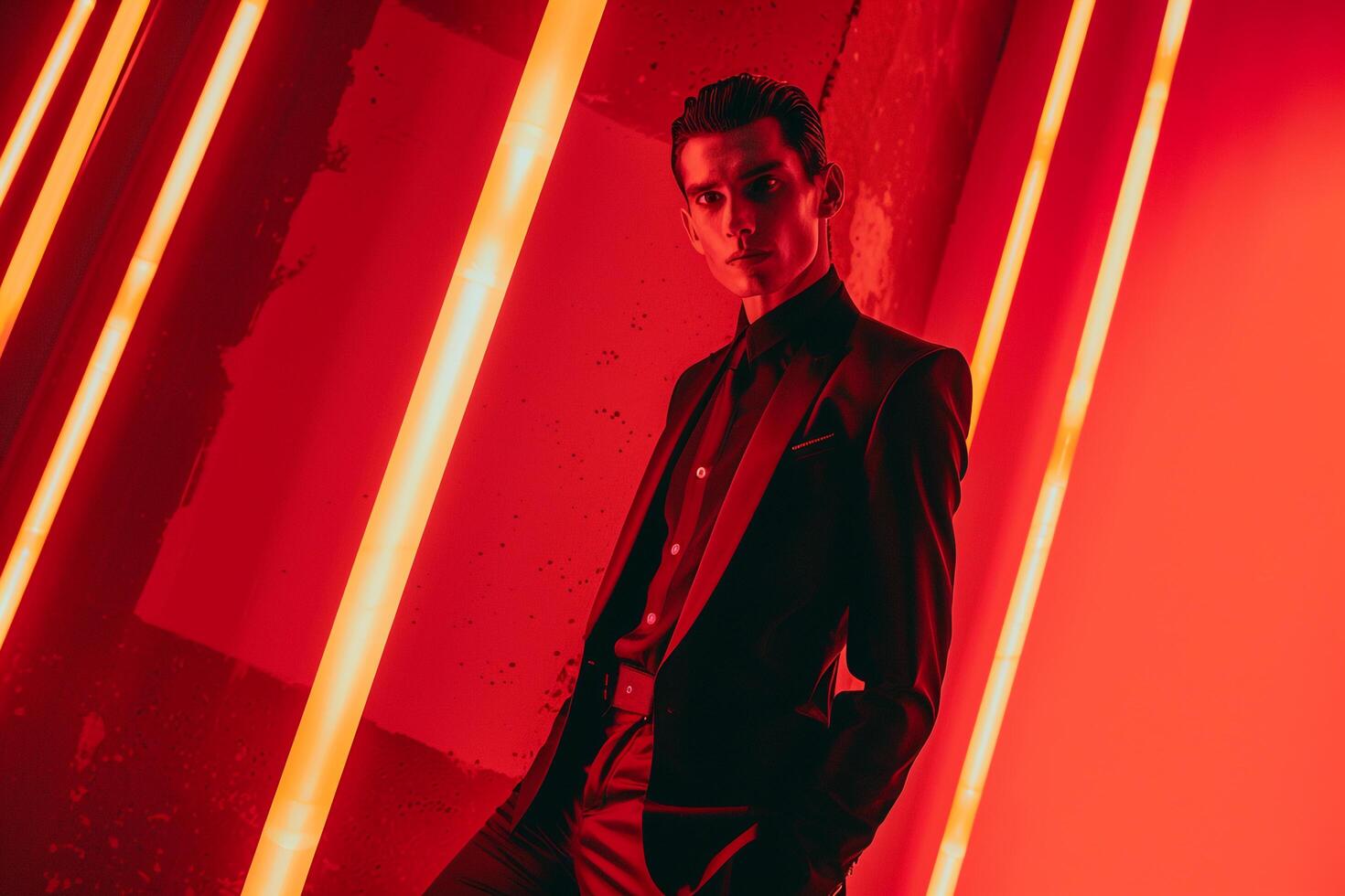 Modern Fashion portrait Male Fashion Model in Casual Suit with Neon Red Lifestyle and Trendy Details photo