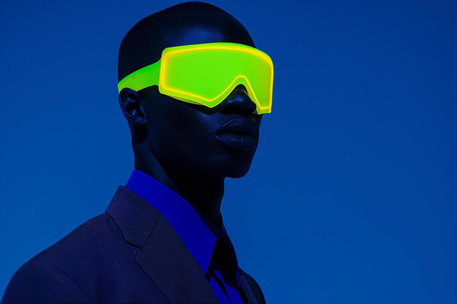 Classic Blazer for Male with a Neon Yellow Ski Mask and Neon Blue Lifestyle portrait Trendy Background photo