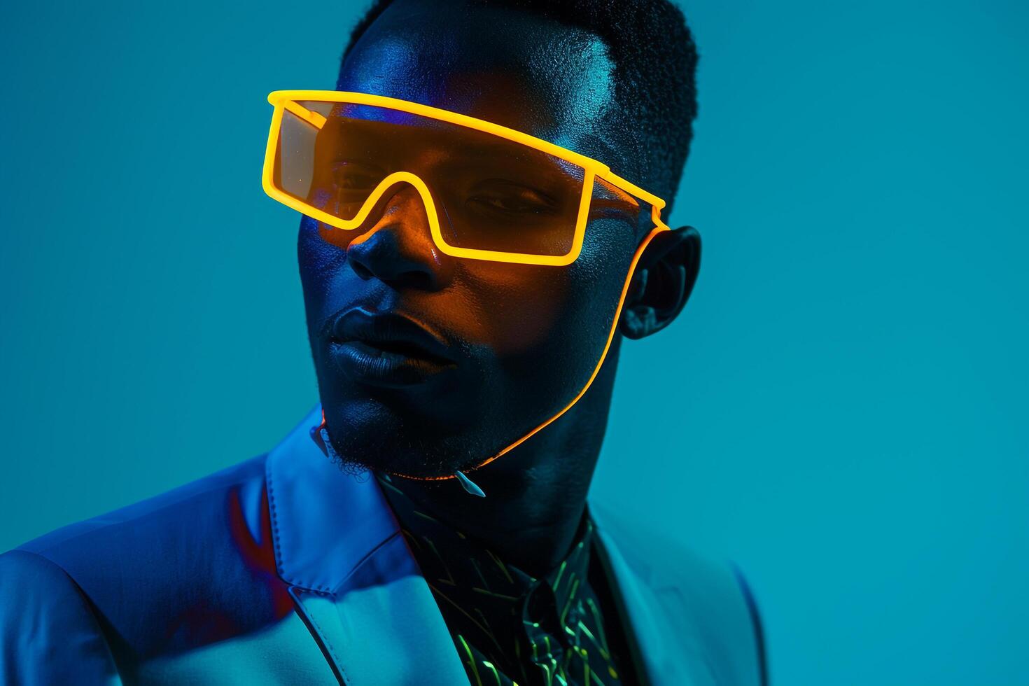 Classic Blazer Style for Male with a Neon Yellow Ski Mask and Neon Blue Lifestyle portrait Stylish Background photo