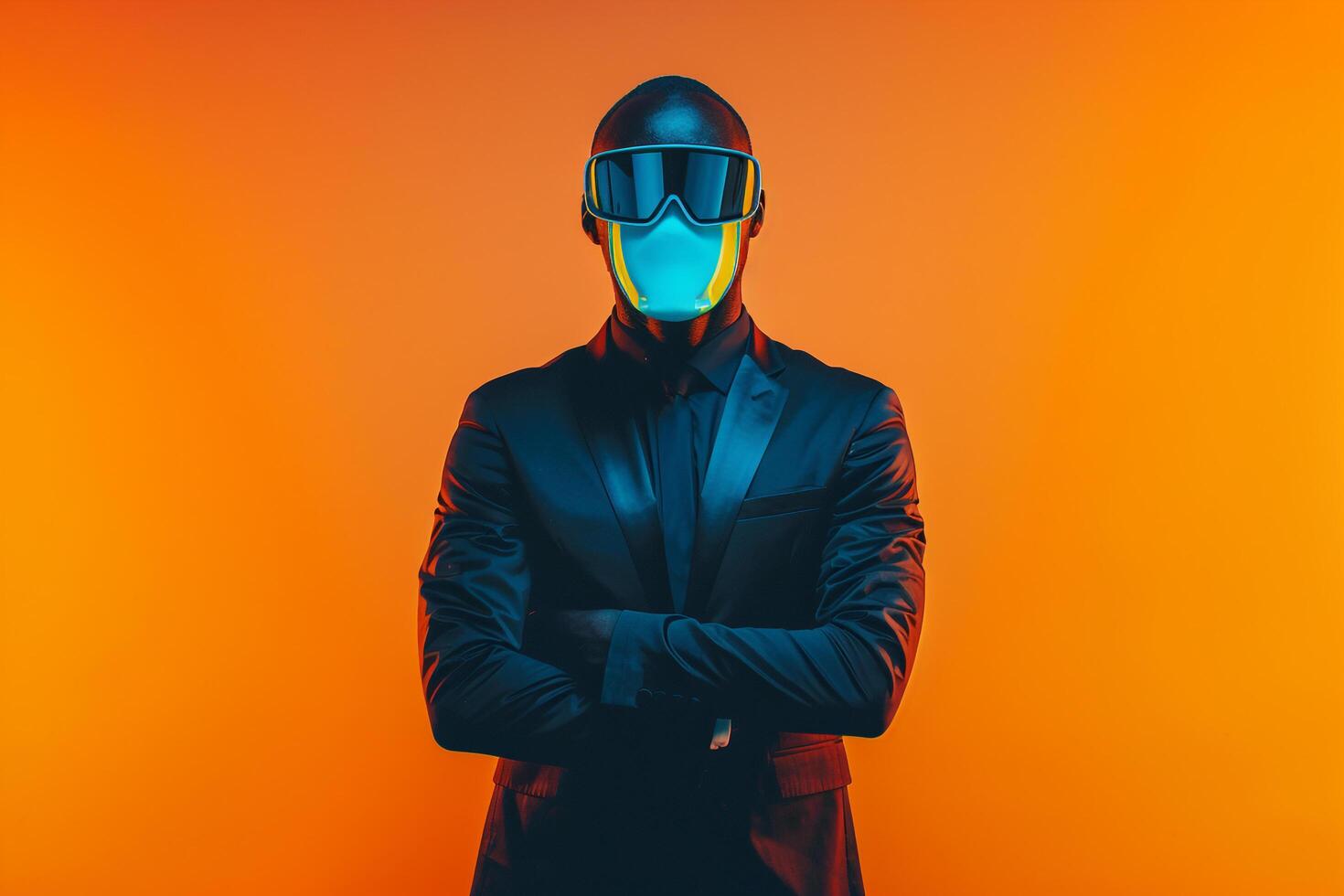 Tailored Suit for Male with a Neon Blue Ski Mask and Neon Orange Lifestyle portrait Trendy Background photo