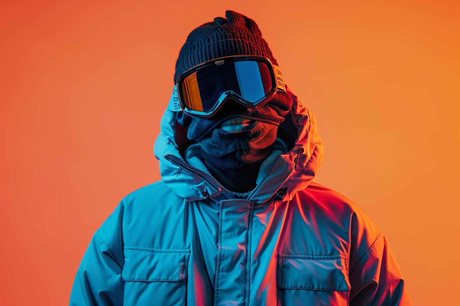 Classic Jacket Look for Male Featuring a Neon Aqua Ski Mask and Neon Orange Lifestyle portrait Trendy Background photo
